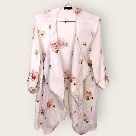 For Cynthia Womens Jacket‎ Sz Small White Pink Floral  Linen Lagenlook Oversized - Picture 1 of 9